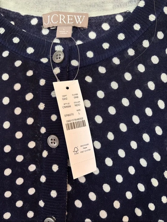 J. Crew Navy with White Polka Dot Cardigan NWT Size L - Picture 2 of 3